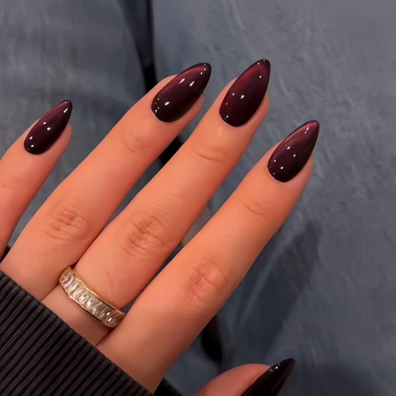 KQueenest Cat Eye Pink Press on Nails Almond Shape, 30 Pcs Glitter Fake Nails Medium, Thick Sparkly Black Nails Press on, Shiny Acrylic Nails, Cute Bling Stick on Nails for Women Small Hand - Image 2